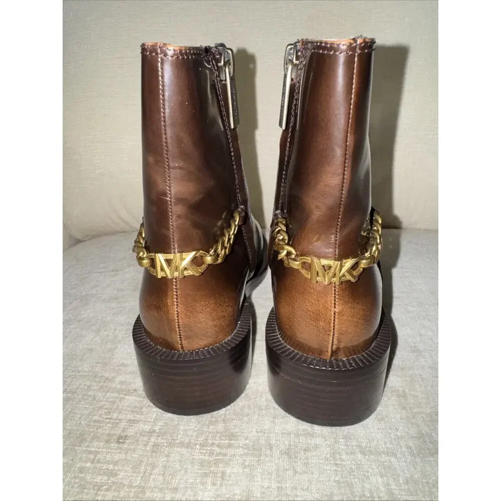 Michael Kors Carlisle Burnished Leather Chain Detail Luggage Booties Size 6M EUC